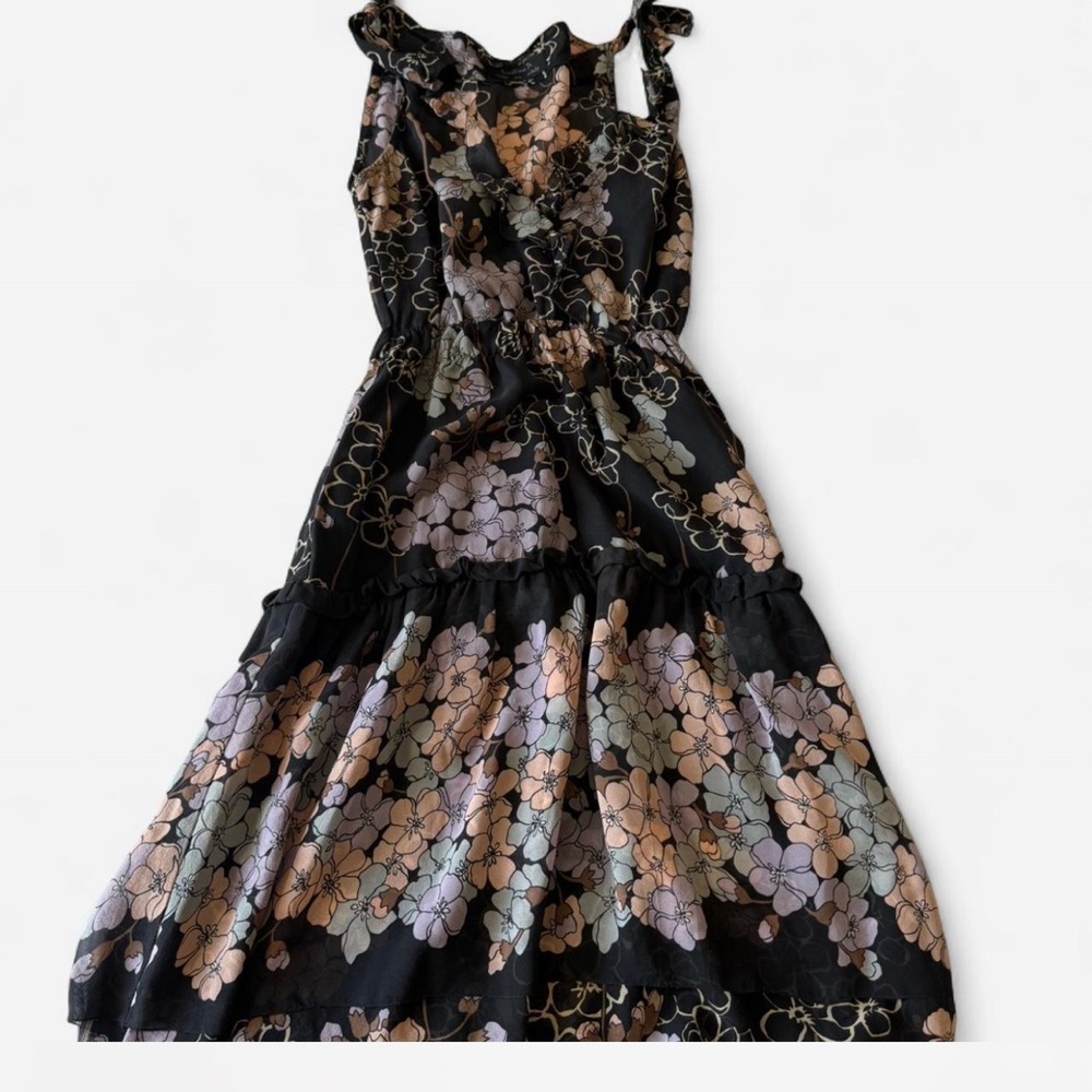 Black Floral Tiered Midi Dress with Pastel Blooms
